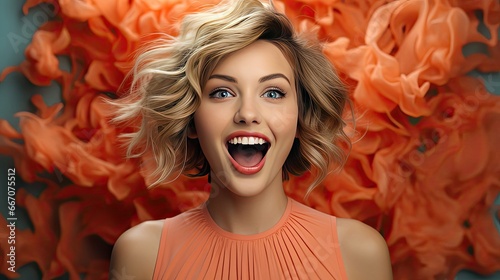 Attractive woman with short fair hair being very glad smiling with broad smile showing her perfect teeth having fun indoors. Smile emotion illustration. Generative AI