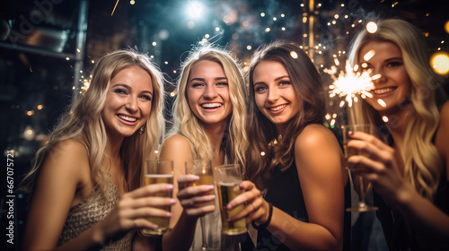 A shot of a group of girls celebrating New Year's Eve at a nightclub. A group of female friends partying in a pub with sparklers