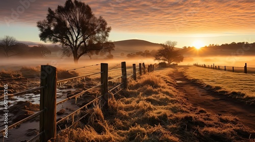 Glorious sunrise over grassy rural landscape with a two bar fence. Agriculture environment illustration. Generative AI