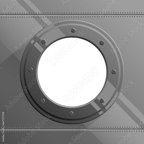 Realistic round steel or metal frame window porthole on rocket spaceship submarine vehicle bunker lab icon vector illustration for graphic resource