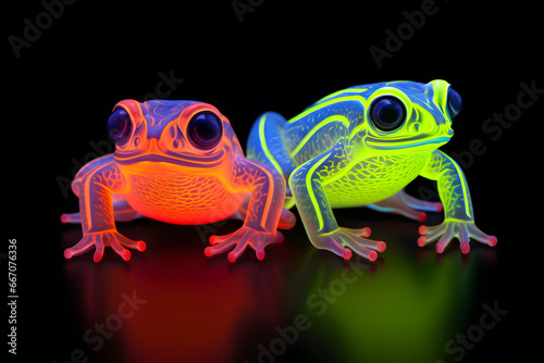 illuminated neon frogs; one green and one orange
