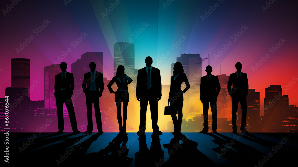 Fototapeta premium Silhouettes of business people standing against the city | generative AI