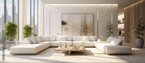 a spacious and contemporary living room design displayed through a mockup image created using computer generated technology © Vusal