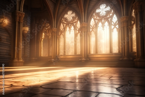 Inside of a gothic cathedral with wooden floor and carved stone