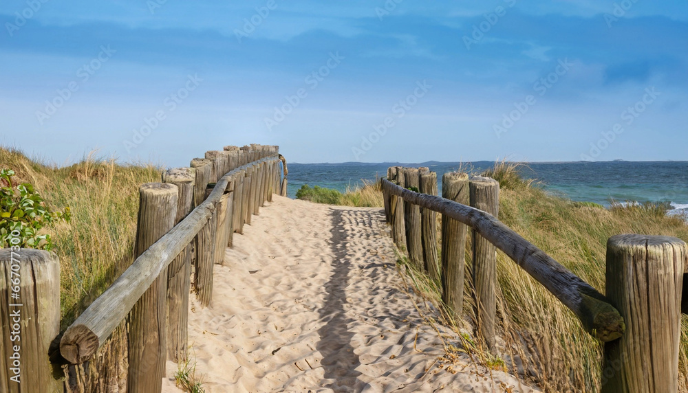 dunes, wooden railings and sea, dunes, wooden railings and sea,