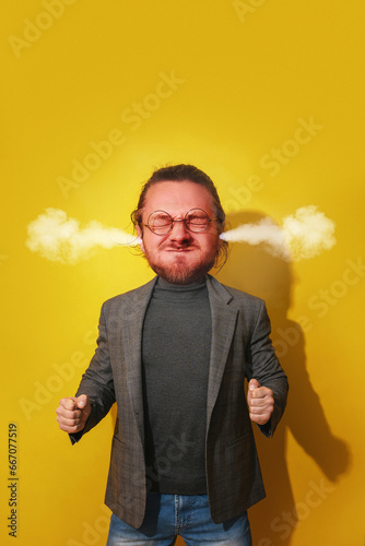 Irate man with an exaggeratedly large head, steam  blowing from his ears. Challenges of anger management. photo