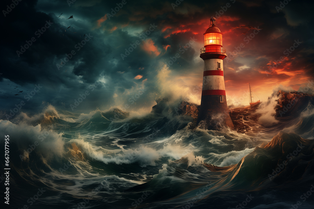 lonely lighthouse on a rock in the middle of a stormy sea - obrazy, fototapety, plakaty 