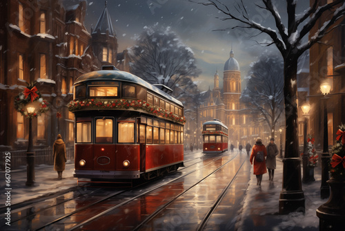  Christmas city landscape. trams decorated for the holiday travel along a snowy street. illustration. generative ai