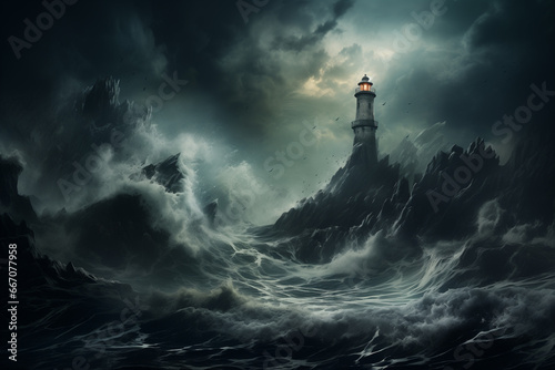 Fotografia lonely lighthouse on a rock in the middle of a stormy sea