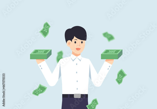 There is a lot of money, high profits, a person stands with his hands full of money, vector illustration.