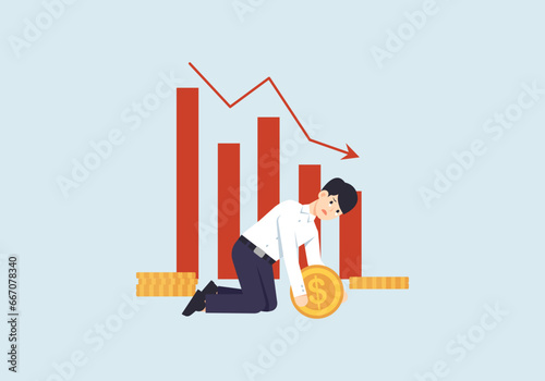Stock prices fall, property values fall, stressed people sit on their knees sadly, vector illustration.