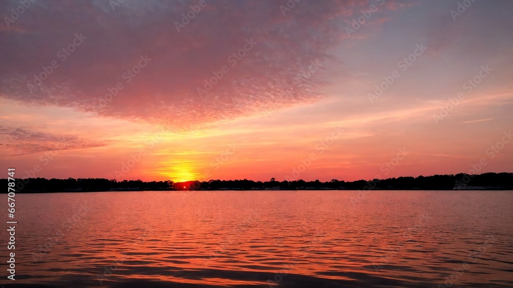 Stunning sunset on the lake, purple sky.