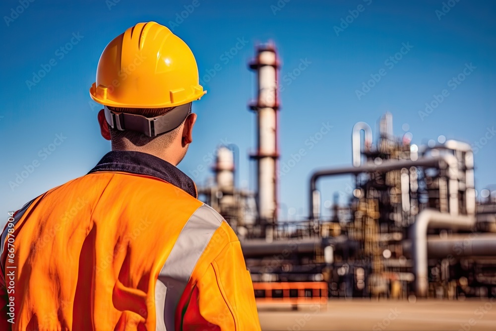 Sunset at industrial power plant. Technician view. Ensuring safety. Engineer inspecting chemical factory. Energy production in action. Petrochemical workers day Sunset at industrial power plant. Technician view. Ensuring safety. Engineer inspecting chemical factory. Energy production in action. Petrochemical workers day