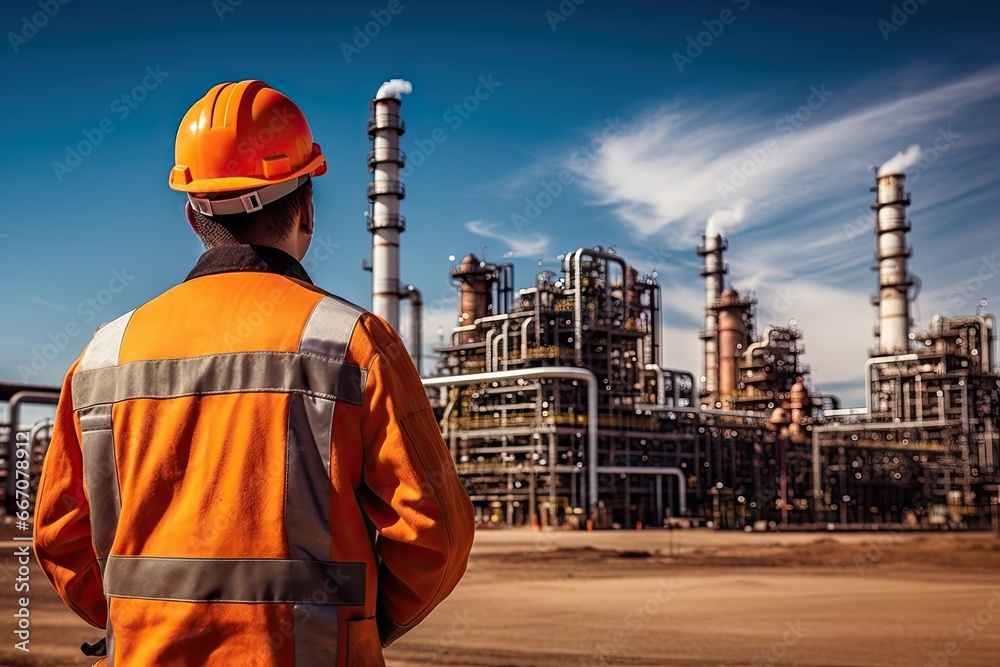 Sunset at industrial power plant. Technician view. Ensuring safety. Engineer inspecting chemical factory. Energy production in action. Petrochemical workers day Sunset at industrial power plant. Technician view. Ensuring safety. Engineer inspecting chemical factory. Energy production in action. Petrochemical workers day