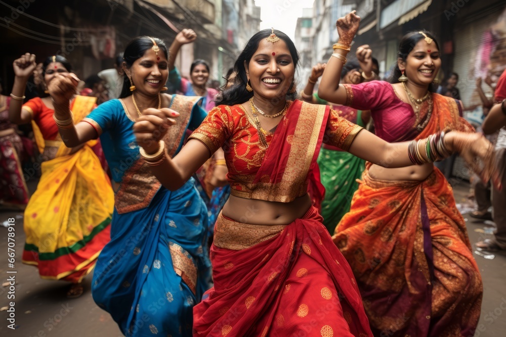 Indian women dancing on the streets in traditional clothes - obrazy, fototapety, plakaty 