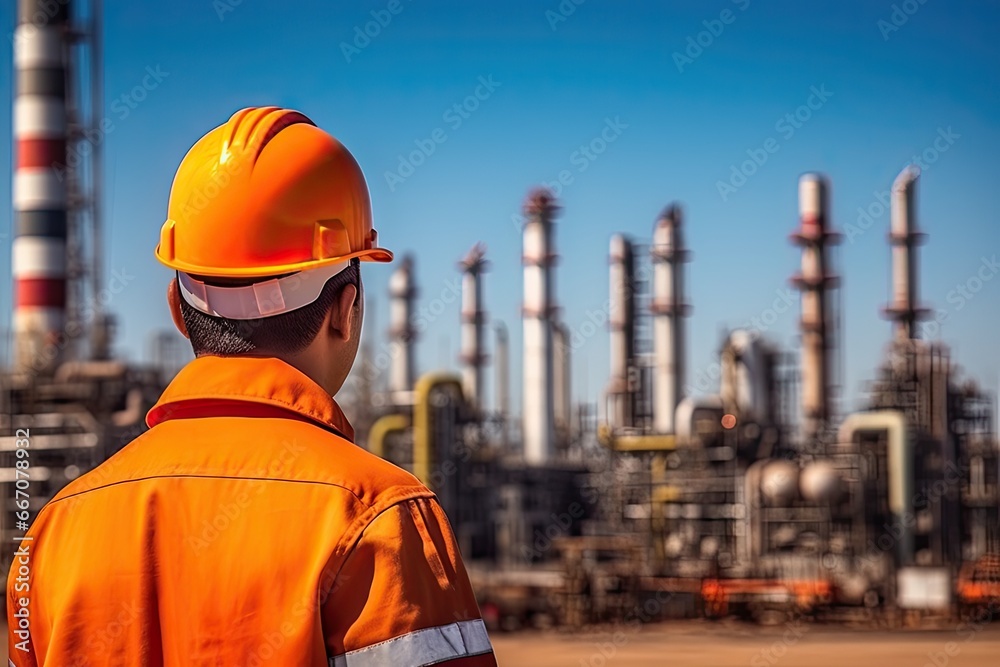 Sunset at industrial power plant. Technician view. Ensuring safety. Engineer inspecting chemical factory. Energy production in action. Petrochemical workers day Sunset at industrial power plant. Technician view. Ensuring safety. Engineer inspecting chemical factory. Energy production in action. Petrochemical workers day