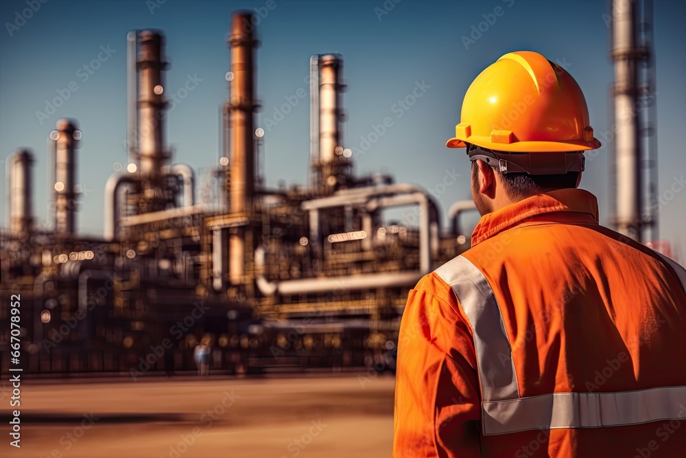 Sunset at industrial power plant. Technician view. Ensuring safety. Engineer inspecting chemical factory. Energy production in action. Petrochemical workers day Sunset at industrial power plant. Technician view. Ensuring safety. Engineer inspecting chemical factory. Energy production in action. Petrochemical workers day