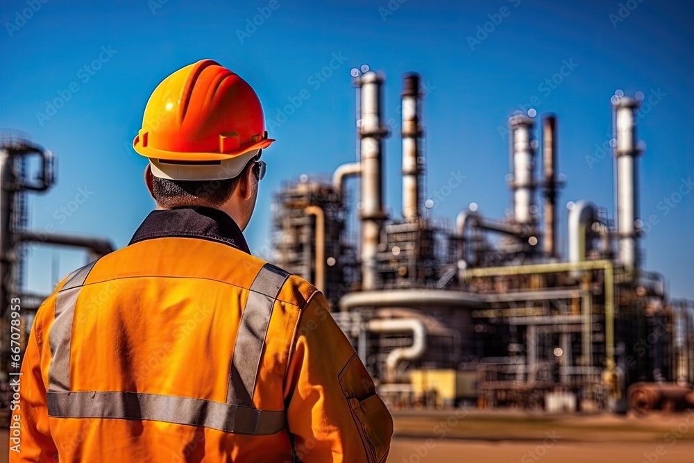 Sunset at industrial power plant. Technician view. Ensuring safety. Engineer inspecting chemical factory. Energy production in action. Petrochemical workers day Sunset at industrial power plant. Technician view. Ensuring safety. Engineer inspecting chemical factory. Energy production in action. Petrochemical workers day