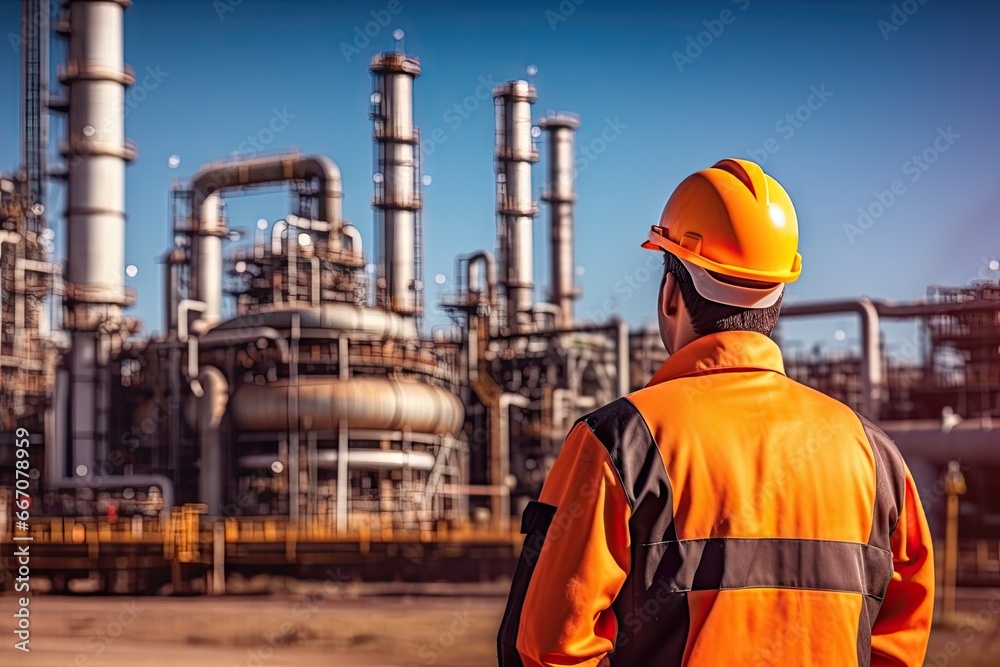 Sunset at industrial power plant. Technician view. Ensuring safety. Engineer inspecting chemical factory. Energy production in action. Petrochemical workers day Sunset at industrial power plant. Technician view. Ensuring safety. Engineer inspecting chemical factory. Energy production in action. Petrochemical workers day