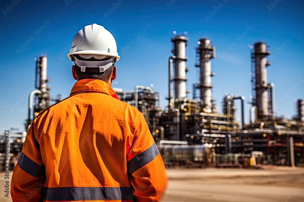 Fototapeta premium Sunset at industrial power plant. Technician view. Ensuring safety. Engineer inspecting chemical factory. Energy production in action. Petrochemical workers day