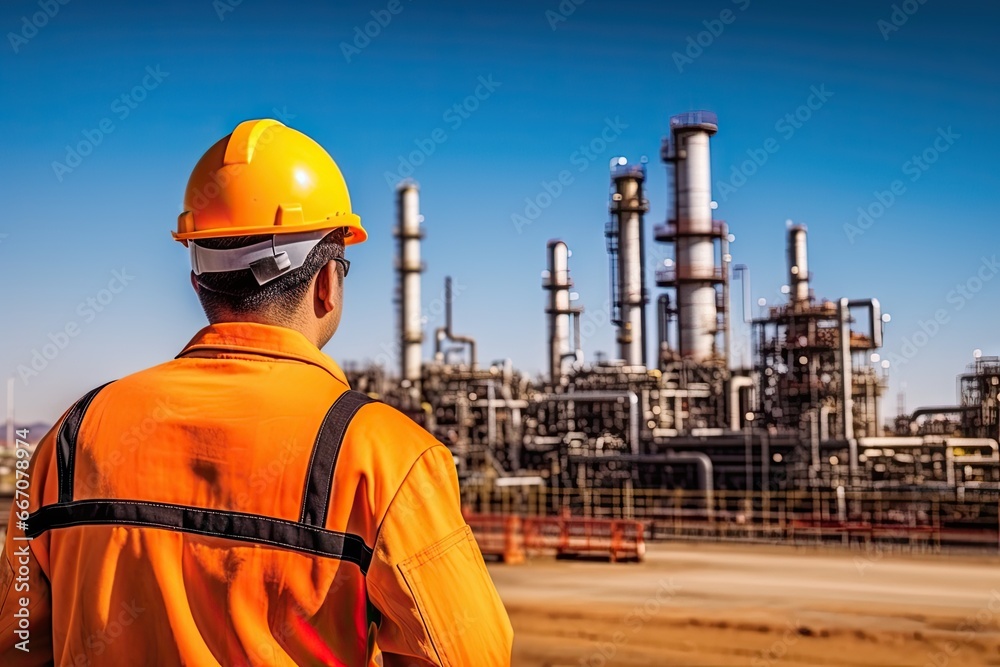 Sunset at industrial power plant. Technician view. Ensuring safety. Engineer inspecting chemical factory. Energy production in action. Petrochemical workers day Sunset at industrial power plant. Technician view. Ensuring safety. Engineer inspecting chemical factory. Energy production in action. Petrochemical workers day