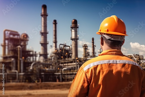 Sunset at industrial power plant. Technician view. Ensuring safety. Engineer inspecting chemical factory. Energy production in action. Petrochemical workers day