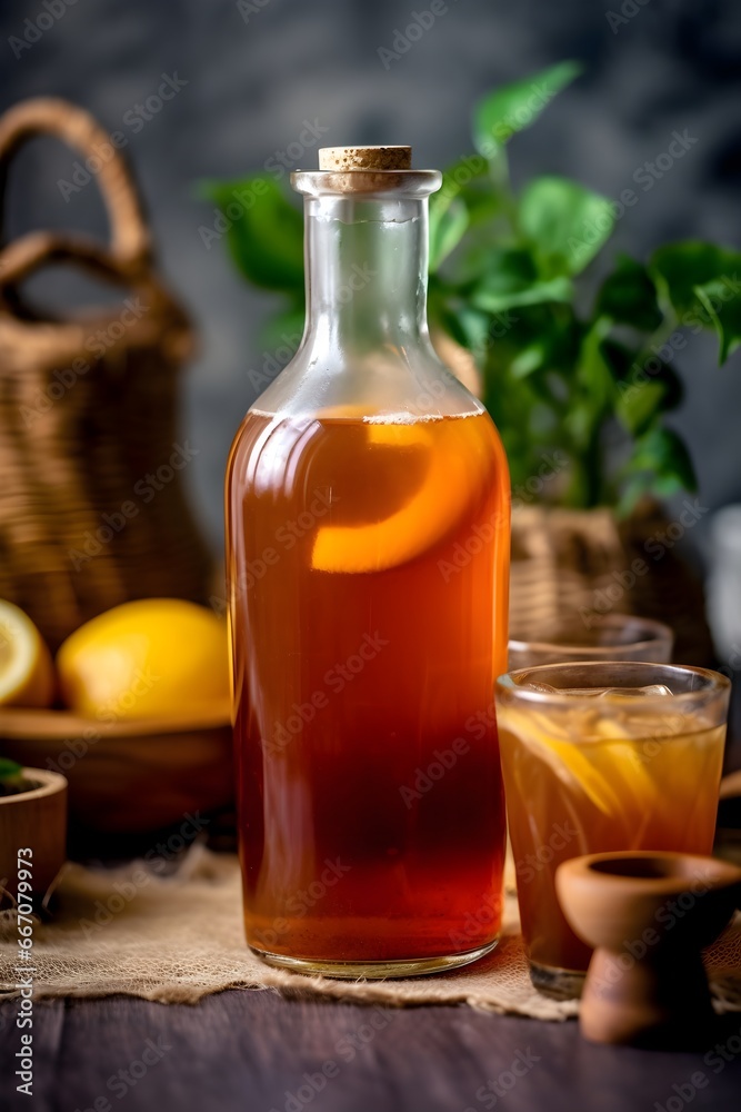 A bottle of probiotic-rich kombucha, a fermented drink A bottle of probiotic-rich kombucha, a fermented drink