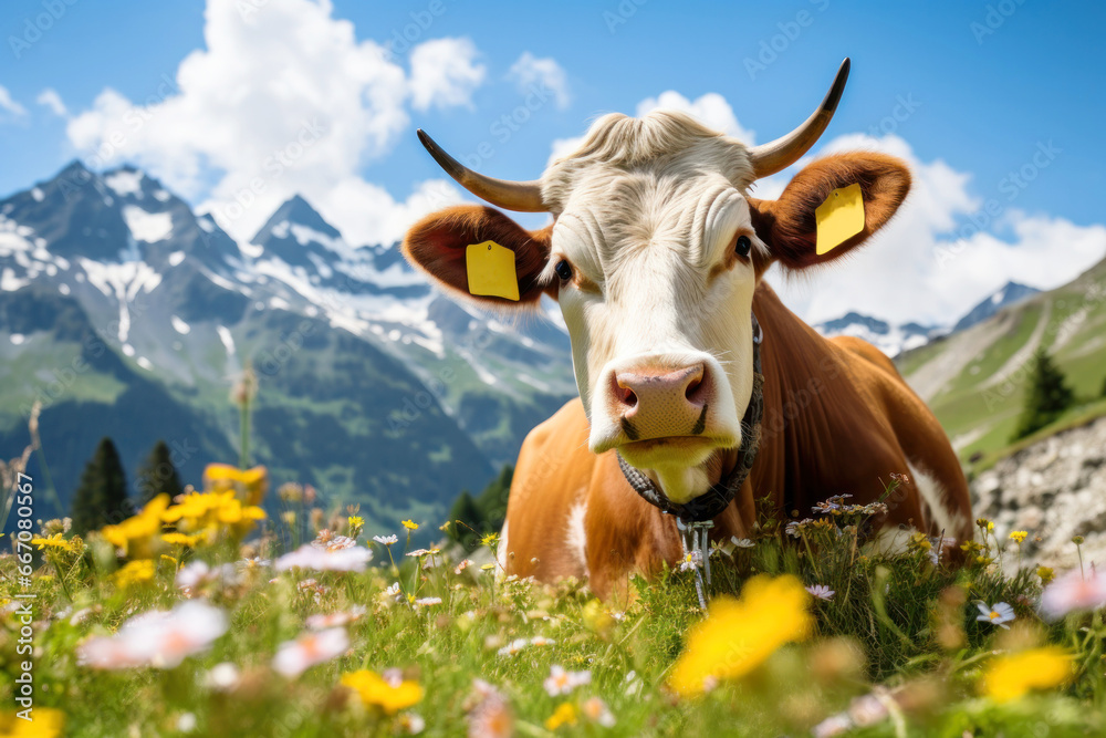 A Cow at Swiss Alps in a Sunny Summer Day