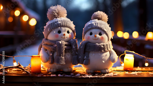 Close-up of friendly snowman's loving couple wearing hats and scarfs, standing on cozy background.