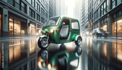 Image capturing a green mini three-wheel vehicle in motion on a rainy city street, reflecting on the wet pavement for co-friendly urban transportation © Wendy2001