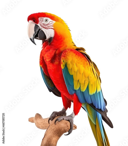 colorful scarlet macaw parrot sitting on tree branch