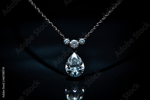 Luxury jewelry, platinum necklace with diamonds on dark silk fabric close-up. Golden necklace in the store. Beautiful diamond pendant necklace. Jewelry showcase, selective focus