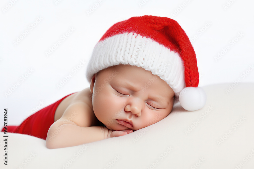 bebe con gorro de papá noel durmiendo tapado con manta roja sobre fondo blanco bebe con gorro de papá noel durmiendo tapado con manta roja sobre fondo blanco