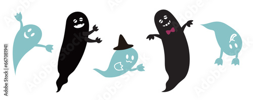 かわいいおばけと黒いおばけのイラスト素材セット　おしゃれ　賑やか