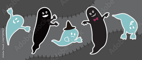 かわいいおばけと黒いおばけのイラスト素材セット　背景　おしゃれ　賑やか