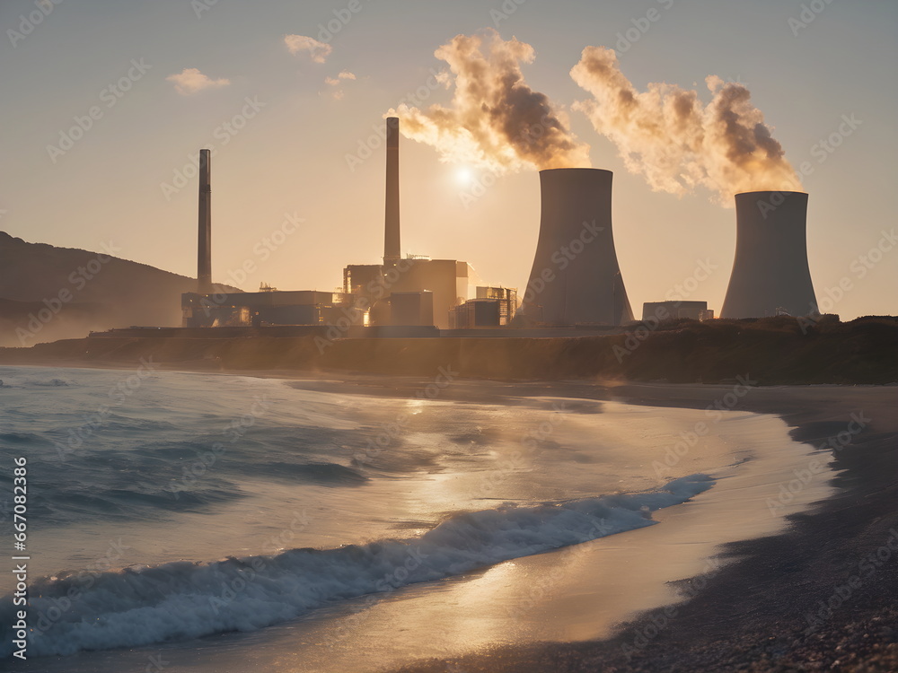 Cooling towers of a nuclear power plant near beautiful beach