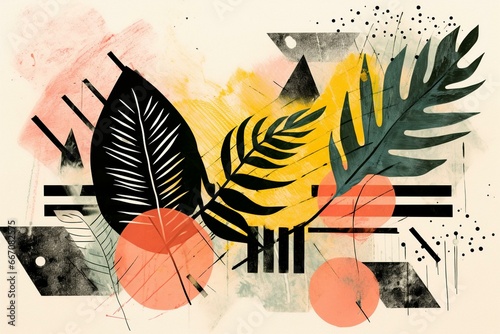 Art illustration featuring tropical leaves, doodle, grunge textures, and geometric shapes in a minimal style reminiscent of the 80s and 90s. Generative AI