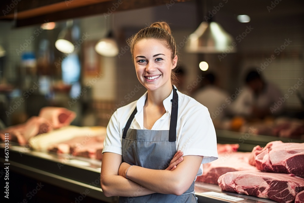 Woman working at a meat counter