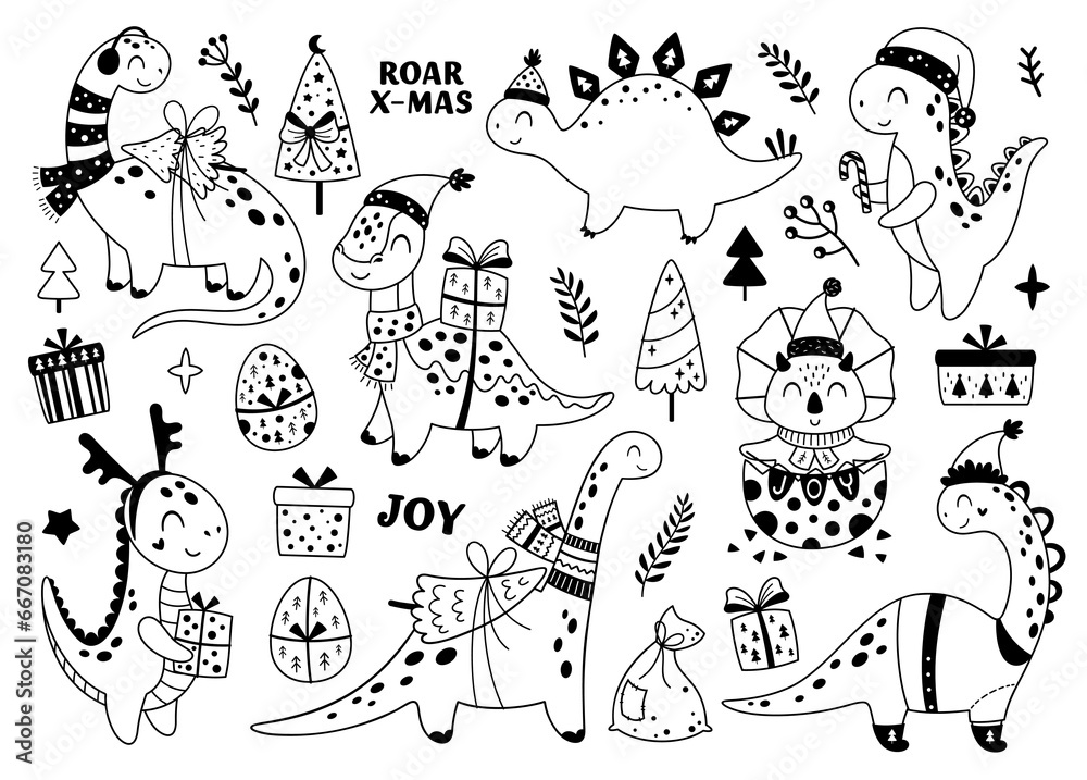 Black and white Dinosaur Christmas clipart in cartoon flat style. Vector illustration