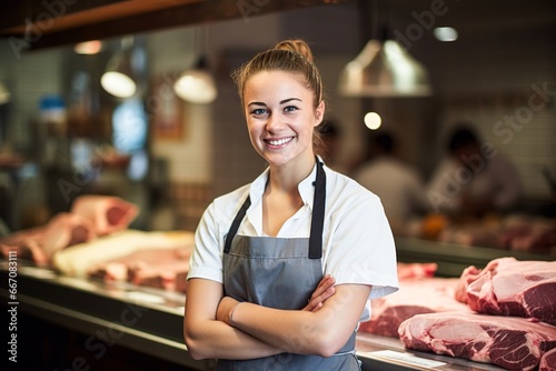 Obraz na płótnie Woman working at a meat counter w salonie