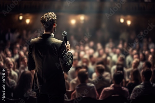 Politician or speaker during a preamble to a group of people photo