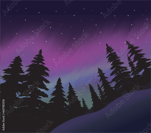 Winter night landscape with aurora and pine trees