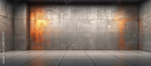 Abstract architectural background with a gray concrete interior and rusted metal sheets illustration and rendering © Lasvu