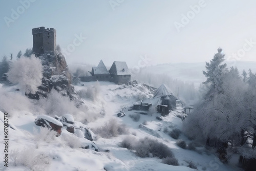 Forgotten medieval castle and small settlement and cold winter generative ai