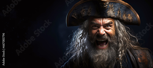 portrait of an angry old pirate captain in a hat on black background with a copy space