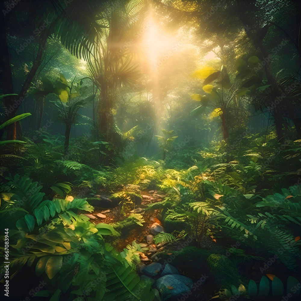 Obraz premium Fantasy forest with sunlight in the morning-3d illustration.