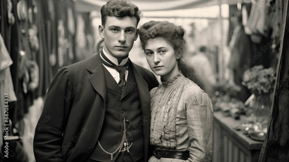 Romance in Monochrome: Victorian Street Photography Capturing a Young Couple's Connection in Black and White Romance in Monochrome: Victorian Street Photography Capturing a Young Couple's Connection in Black and White