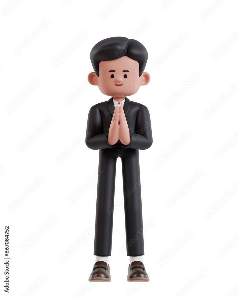 3d Illustration of Cartoon businesswoman doing namaste or welcoming gesture 3d Illustration of Cartoon businesswoman doing namaste or welcoming gesture