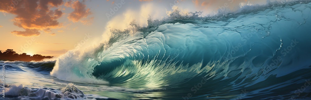 Big wave in the ocean.
Raging sea, surfing wave. Landscape of a water whirlpool. Concept: Dangers on the water, powerful water energy - obrazy, fototapety, plakaty 