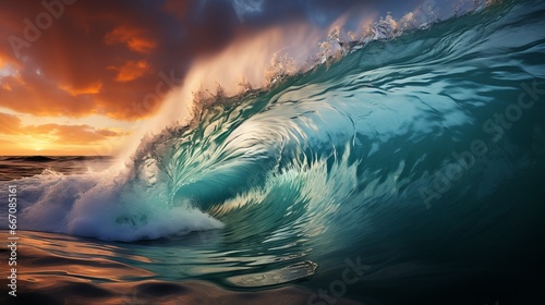 Big wave in the ocean. Raging sea, surfing wave. Landscape of a water whirlpool. Concept: Dangers on the water, powerful water energy
